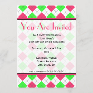 Invitación de moda argyle rosa brillante y verde