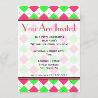 Invitación de moda argyle rosa brillante y verde
