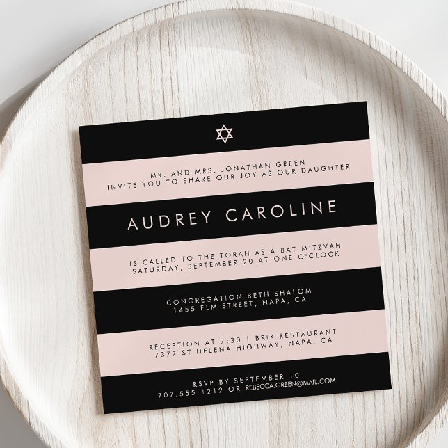 Invitación de moda Rubor y Black Stripe Bat Mitzva (Subido por el creador)