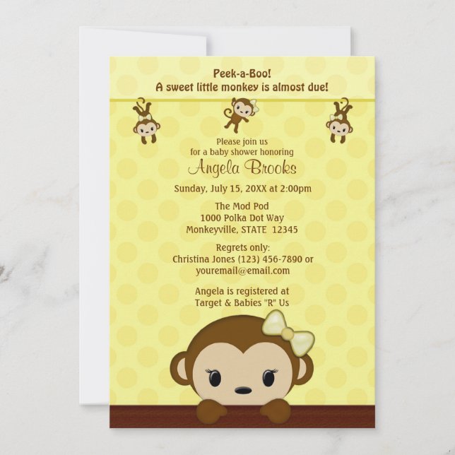 Invitación de MONKEY Baby Shower CHICA Polka YELLO (Anverso)