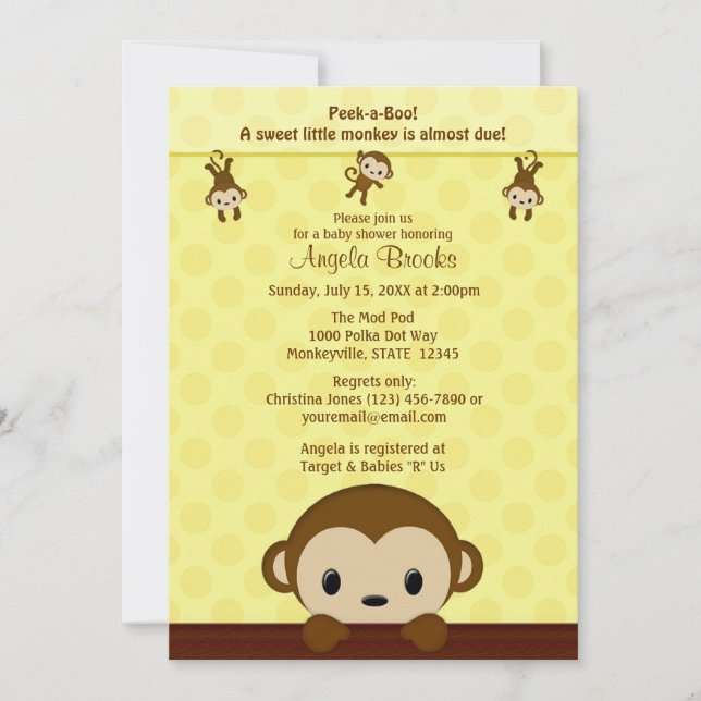 Invitación de MONKEY Baby Shower Polka Dot YELLOW  (Anverso)
