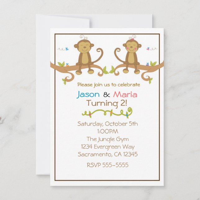 Invitación de mono para fiesta de gemelos niño niñ (Anverso)