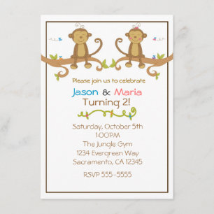 Invitación de mono para fiesta de gemelos niño niñ