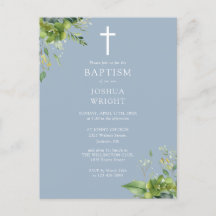 Invitación de monograma de bautizo azul polvorient