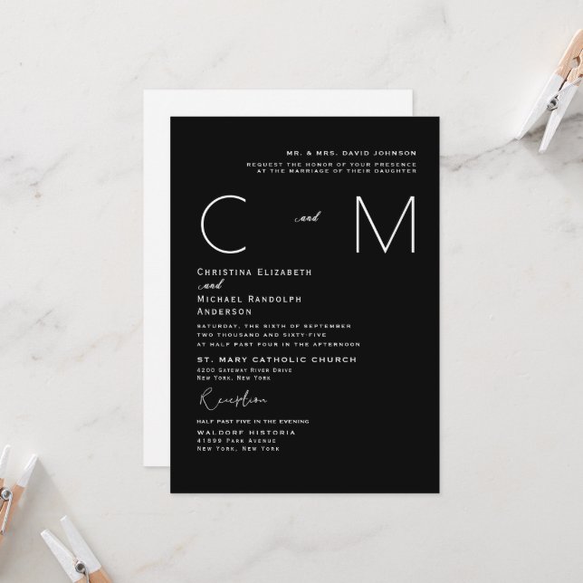 Invitación de monograma de boda en B/N moderna (Anverso/Reverso In Situ)