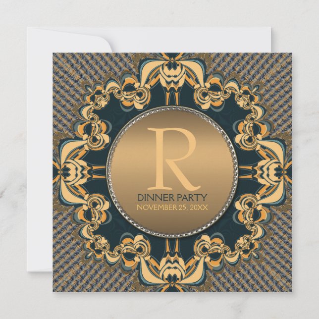 Invitación de Monograma Dorado Turquesa para Cena  (Anverso)