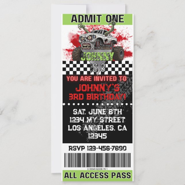 Invitación de Monster Truck Zombie (Anverso)
