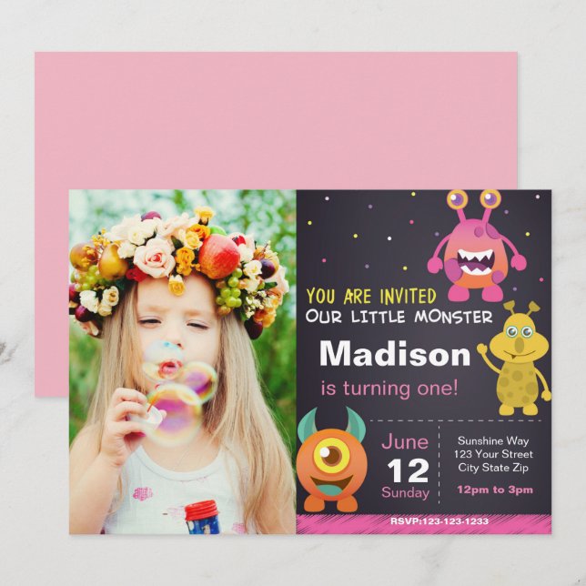 Invitación de Monstruo Rosa con foto (Anverso / Reverso)