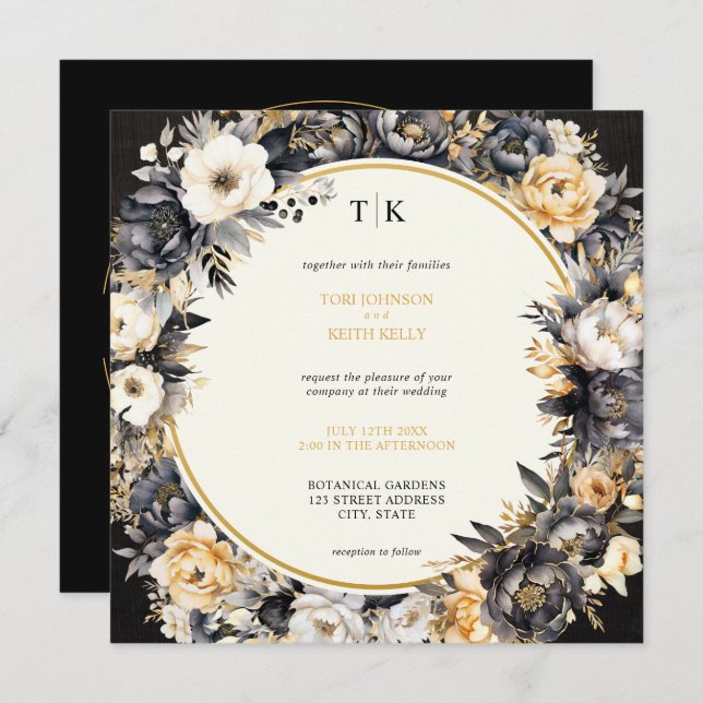 Invitación de Moody Floral Black White & Gold Wedd (Anverso / Reverso)
