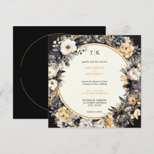 Invitación de Moody Floral Black White & Gold Wedd