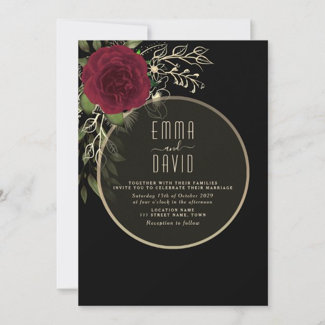 Invitación de Moody Floral Borgoña y Boda Negra (Anverso)