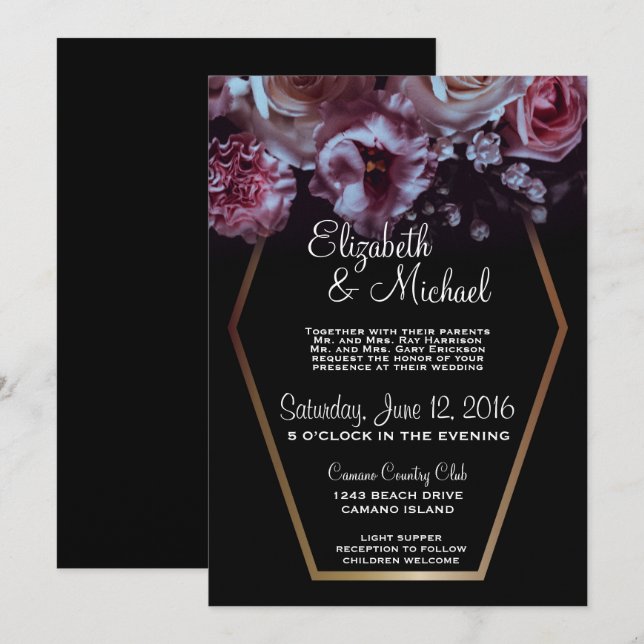 Invitación de Moody Floral y Black Wedding (Anverso / Reverso)