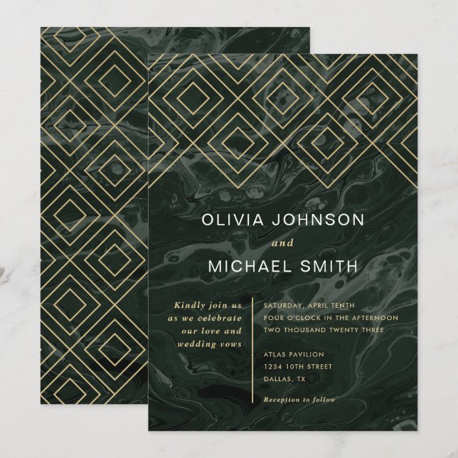Invitación de Moody Hues Emerald Green Marble Wedd (Anverso / Reverso)