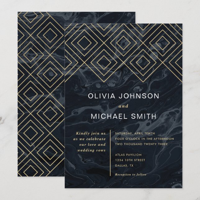 Invitación de Moody Hues Midnight Blue Marble Wedd (Anverso / Reverso)