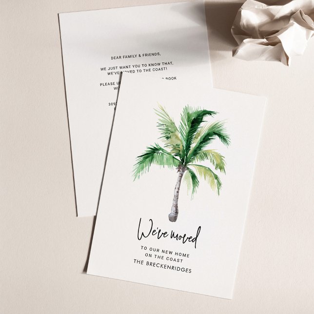 Invitación de movimiento de dirección de cambio de (Coastal Palm Tree Script Moving Announcement Card)