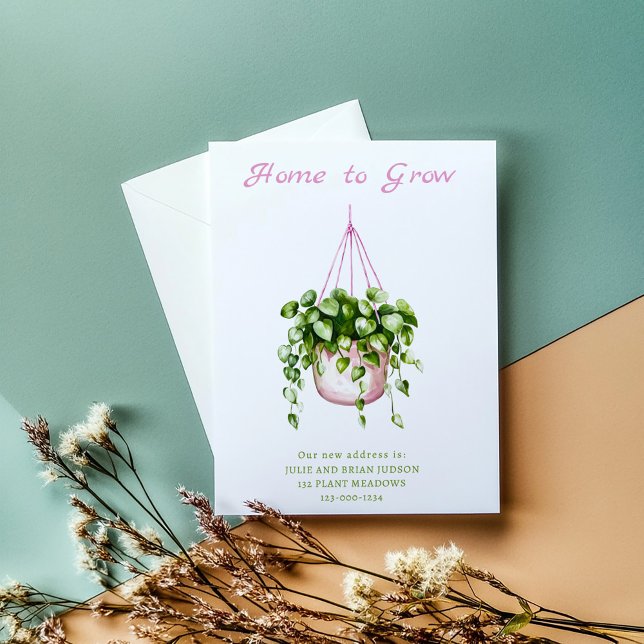 Invitación de movimiento de dirección de inicio a  (“Home to Grow” moving announcement. Lush watercolor  hanging plant illustration with pink string)