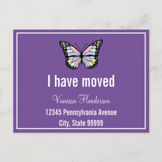 Invitación de movimiento de mariposa blanca púrpur (Anverso)