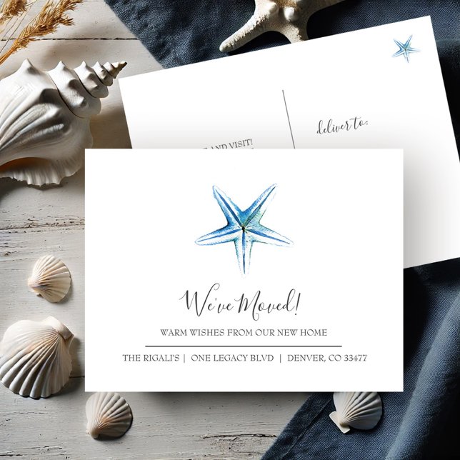 Invitación de movimiento de nueva casa de pescado  (New address moving announcement postcards watercolor starfish art by Victoria Grigaliunas )