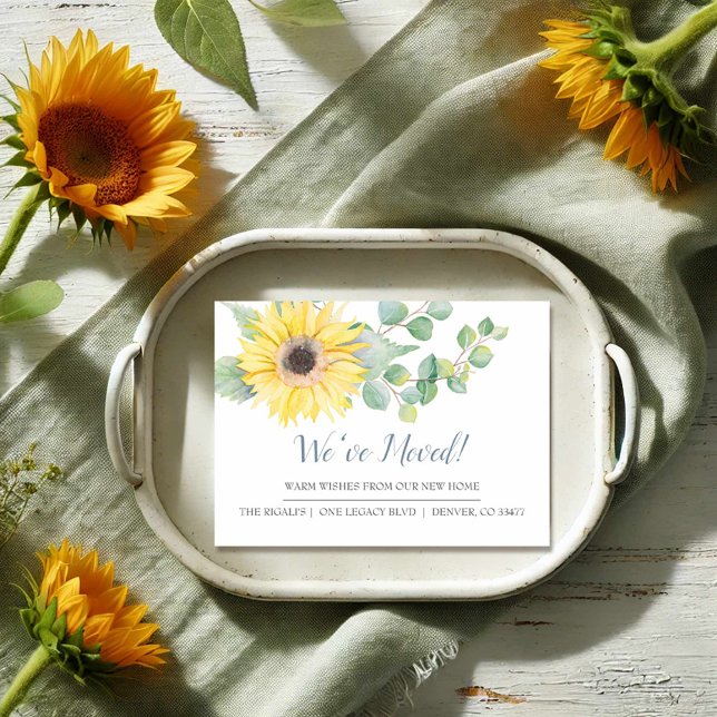 Invitación de movimiento de nuevo hogar de girasol (Sunflower moving announcement cards unique watercolor art by Victoria Grigaliunas VG Invites)