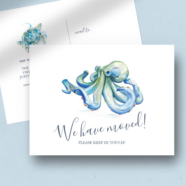 Invitación de movimiento de octopus azul acuarela (Change of address cards blue octopus and sea turtle. Watercolor art by Victoria Grigaliunas)