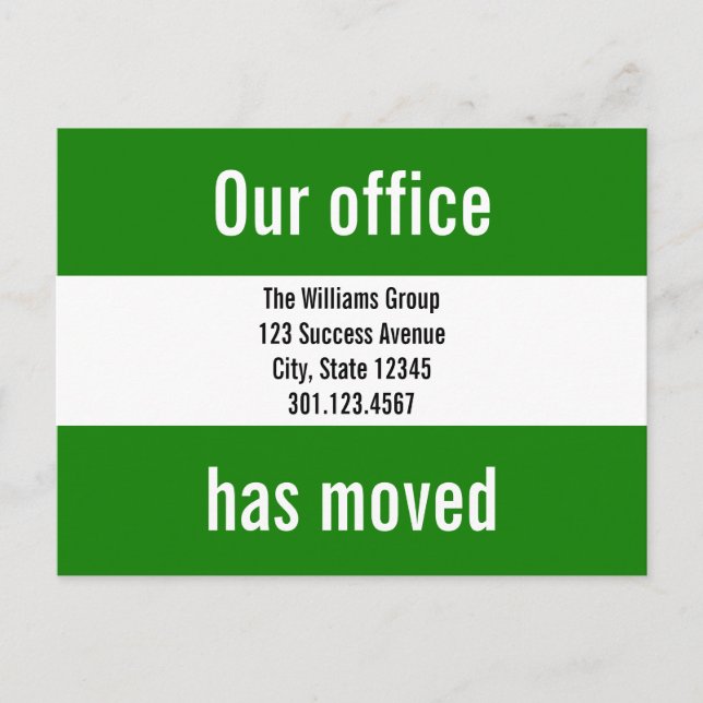 Invitación de movimiento de oficinas verdes y blan (Anverso)