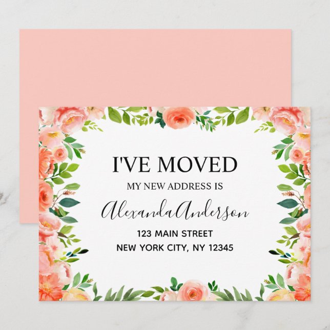 Invitación de movimiento floral de coral de Peach (Anverso / Reverso)