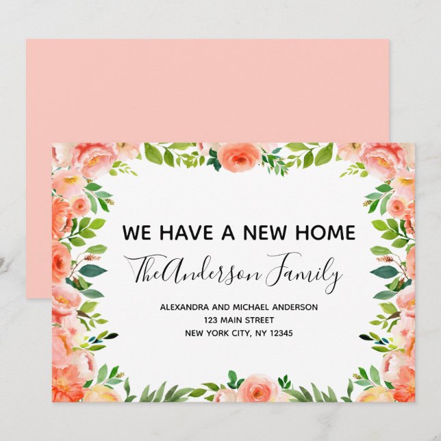 Invitación de movimiento floral de coral de Peach (Anverso / Reverso)