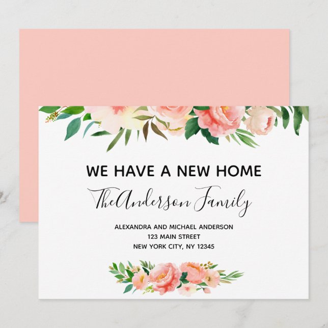 Invitación de movimiento floral de coral de Peach (Anverso / Reverso)