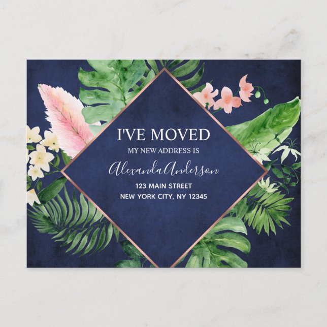 Invitación de movimiento floral tropical azul de l (Anverso)