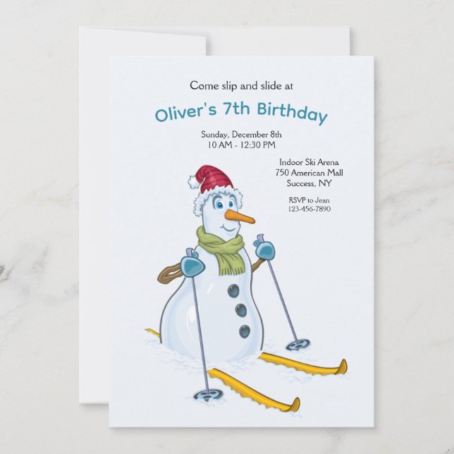 Invitación de muñeco de nieve para fiesta de esquí (Anverso)