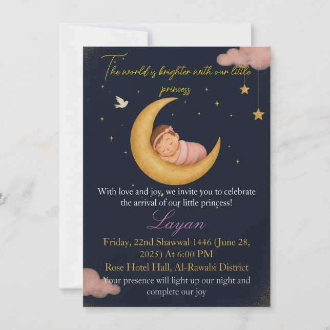 Invitación de Nacimiento Luna y Estrellas Niña (Anverso)