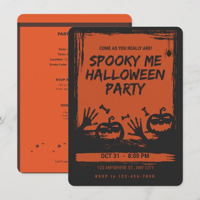 Invitación de Naranja y Negro para Fiesta de Hallo (Anverso / Reverso)