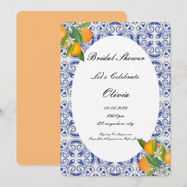INVITACIÓN DE NARANJAS DE DUCHA BRIDAL (Anverso / Reverso)