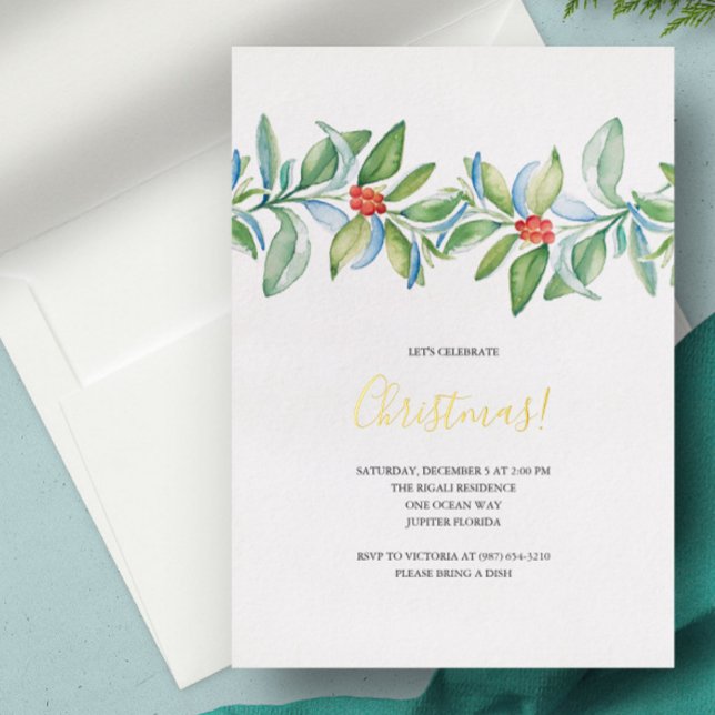 Invitación de Navidad Acuarela Botánica (Christmas Invitation watercolor botanical red and green holly berries. )