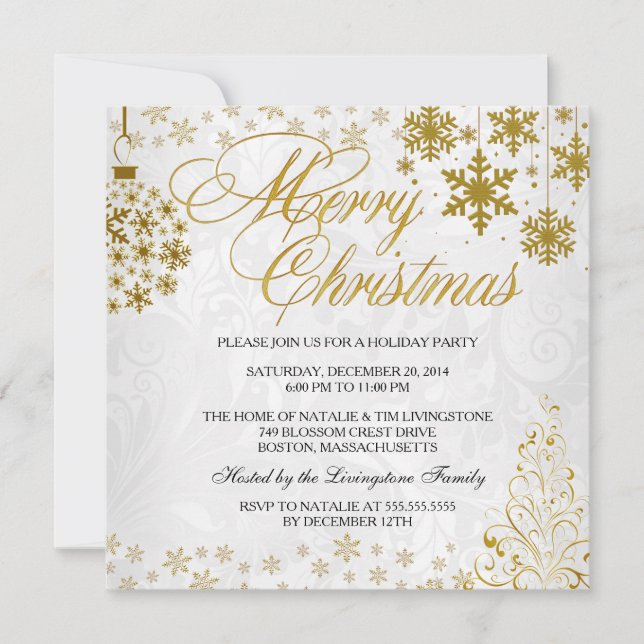 Invitación de Navidad alegre copo de nieve dorado  (Anverso)