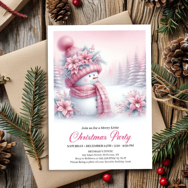Invitación de Navidad alegre muñeco de nieve rosa  (Joyful Pink Snowman Kids Download Christmas Invitation

)