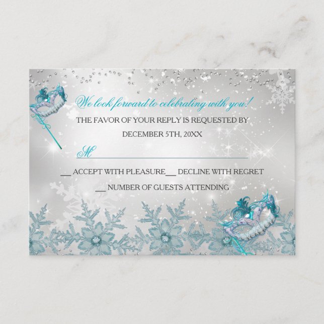 Invitación de Navidad Blue Silver Snowflake Masque (Anverso)