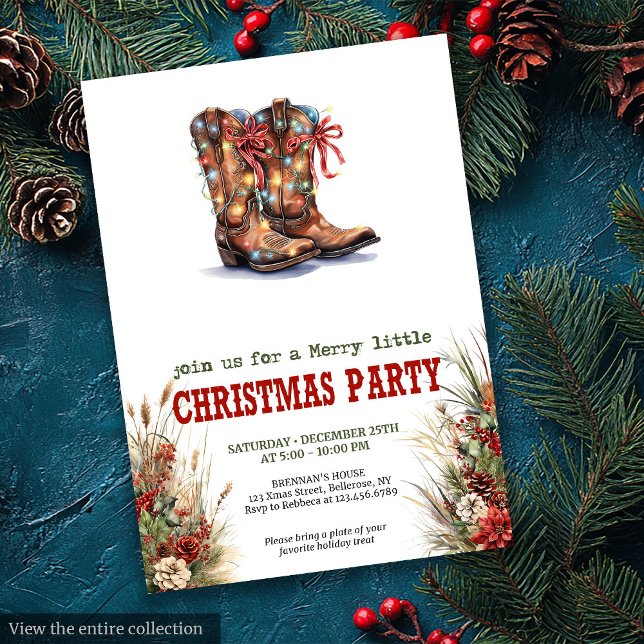 Invitación de Navidad Botas de Vaquero Rojas Verde (Rustic Western Christmas invite with cowboy boots, lassos, and festive red-green charm.)