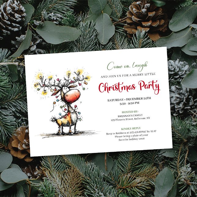Invitación de Navidad caprichosa Reno rojo verde (Whimsical Red Green Reindeer Christmas Invitation)