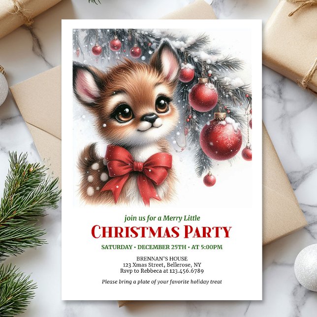 Invitación de Navidad con acuarela de cervatillo a (Merry baby deer watercolor Christmas invite printable template)