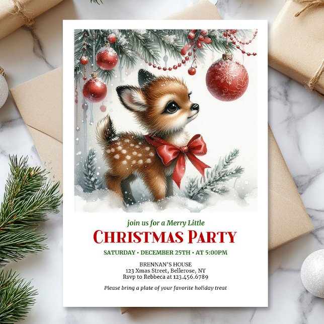 Invitación de Navidad con acuarela de cervatillo d (Sweet baby deer watercolor Christmas invitation printable template)