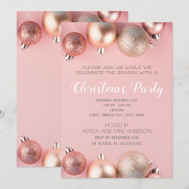 Invitación de Navidad con adorno de Purpurina rosa (Anverso / Reverso)
