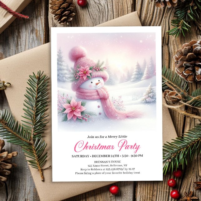 Invitación de Navidad con bosque nevado brillante  (Bright Snowy Forest Pink Snowman Christmas Invite Digital)