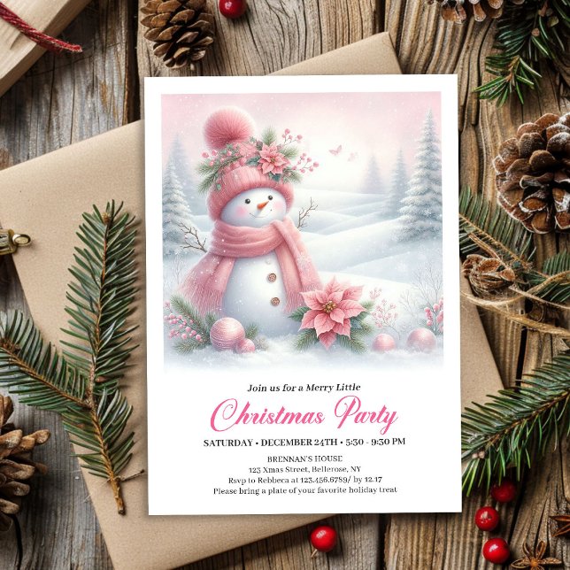 Invitación de Navidad con bosque nevado soñador y  (Dreamy Snowy Forest Pink Snowman Christmas Invite Download)