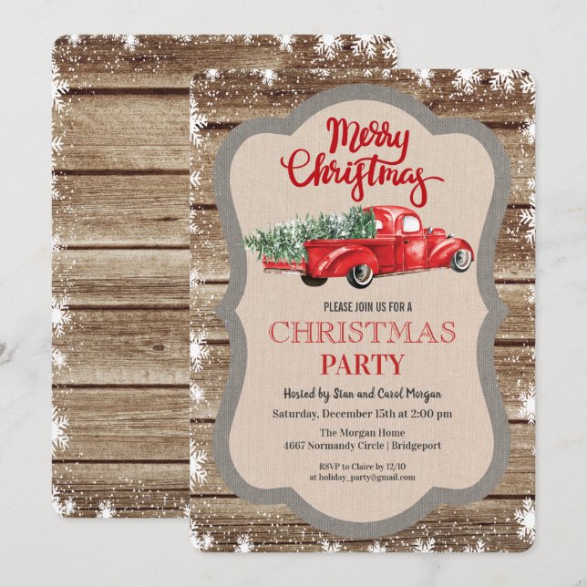 Invitación de Navidad con copo de nieve y camión r (Anverso / Reverso)