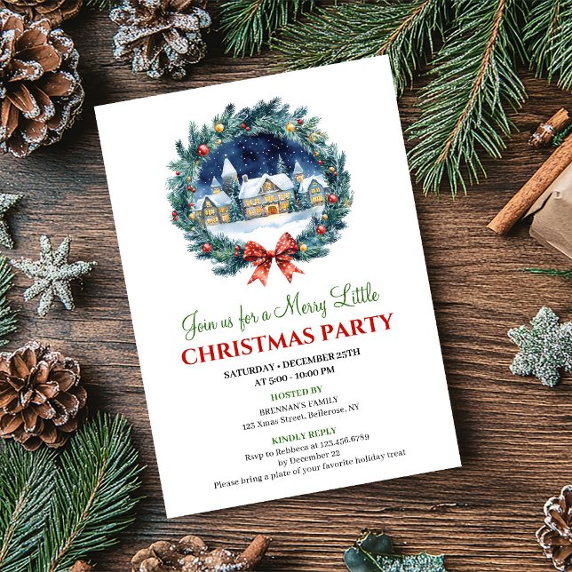 Invitación de Navidad con escena de vacaciones en  (Cozy Watercolor Holiday Scene Christmas Invitation)