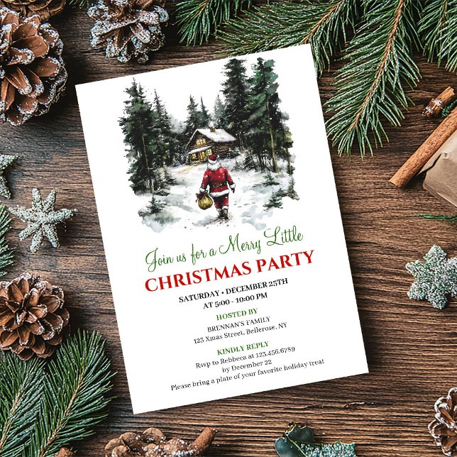Invitación de Navidad con escena festiva roja y ve (Elegant Red Green Holiday Scene Christmas Invite)