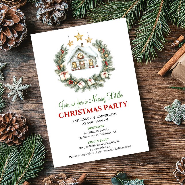 Invitación de Navidad con escena invernal trendy e (Trendy Watercolor Winter Scene Christmas Invite)