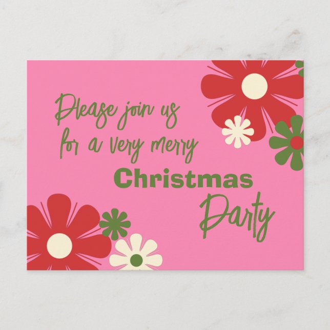 Invitación de Navidad con flores rosadas retro (Anverso)