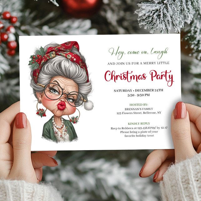 Invitación de Navidad con humor de dama caprichosa (Whimsical lady humor Christmas holiday invitation)
